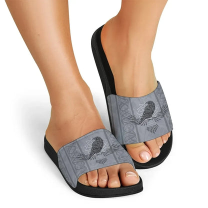 Viking Slide Sandals Odin's Celtic Raven Scandinavian Tattoo Style