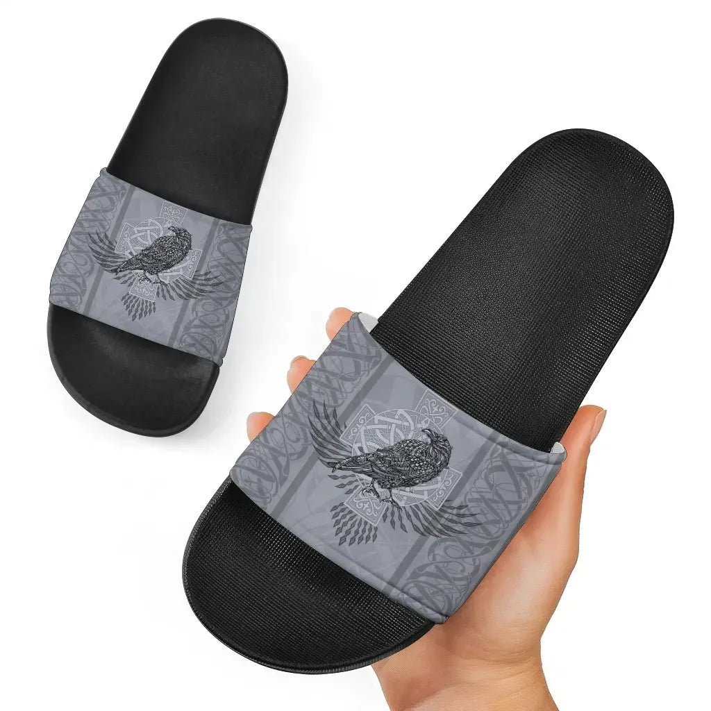 Viking Slide Sandals Odin's Celtic Raven Scandinavian Tattoo Style