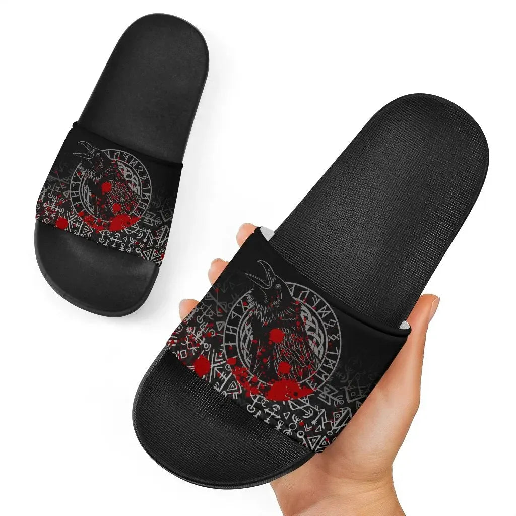 Vikings Slide Sandals Ravens and Vegvisir Tattoo Style Blood