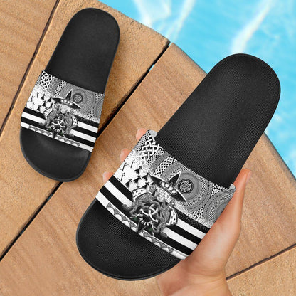Celtic Brittany Slide Sandals Special Black Brittany Flag With Stoat Ermine and Triskelion Symbols