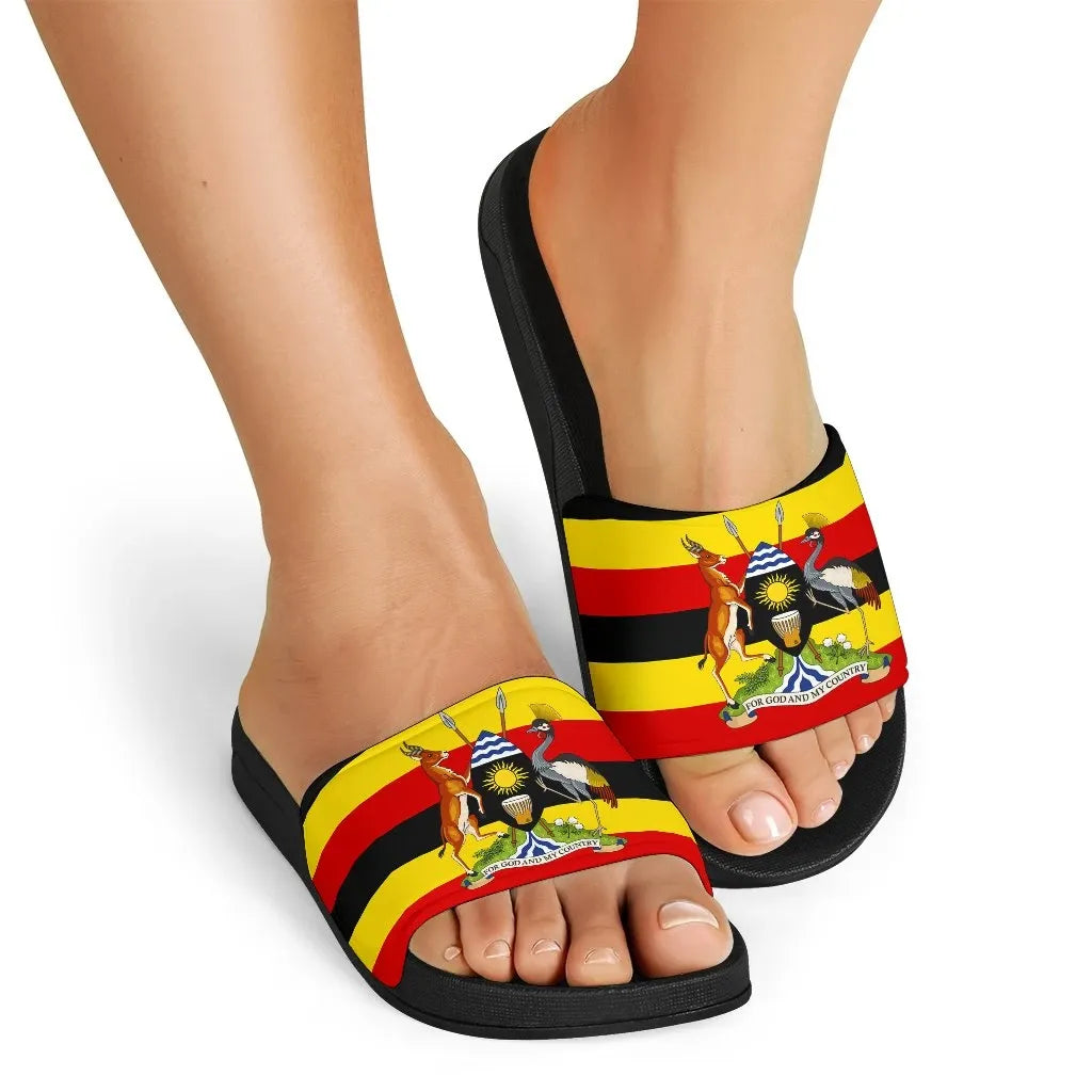 Uganda Pride Slide Sandals Uganda Flag with Grey Crowned Crane