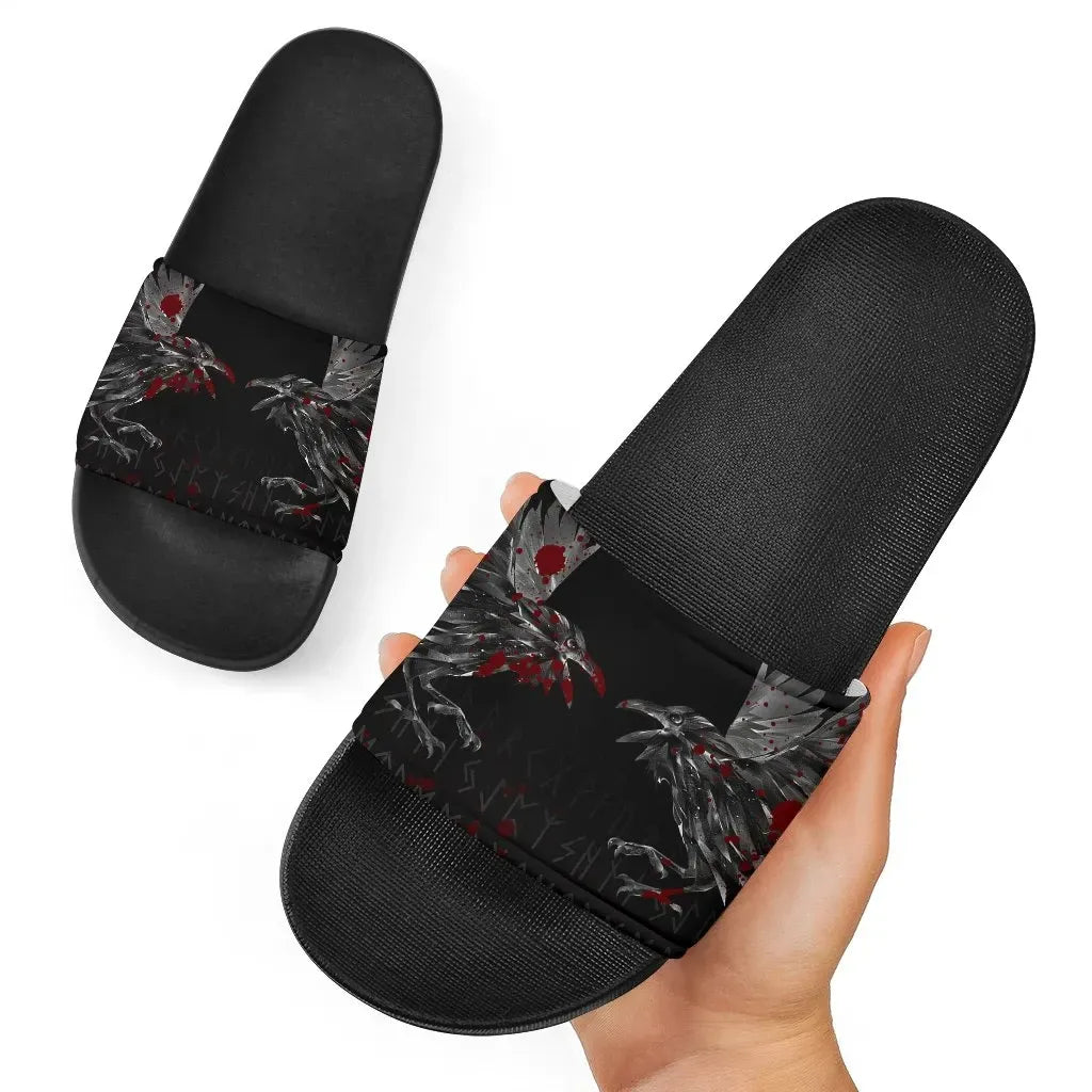 Vikings Slide Sandals Odin's Ravens Tattoo Style Blood