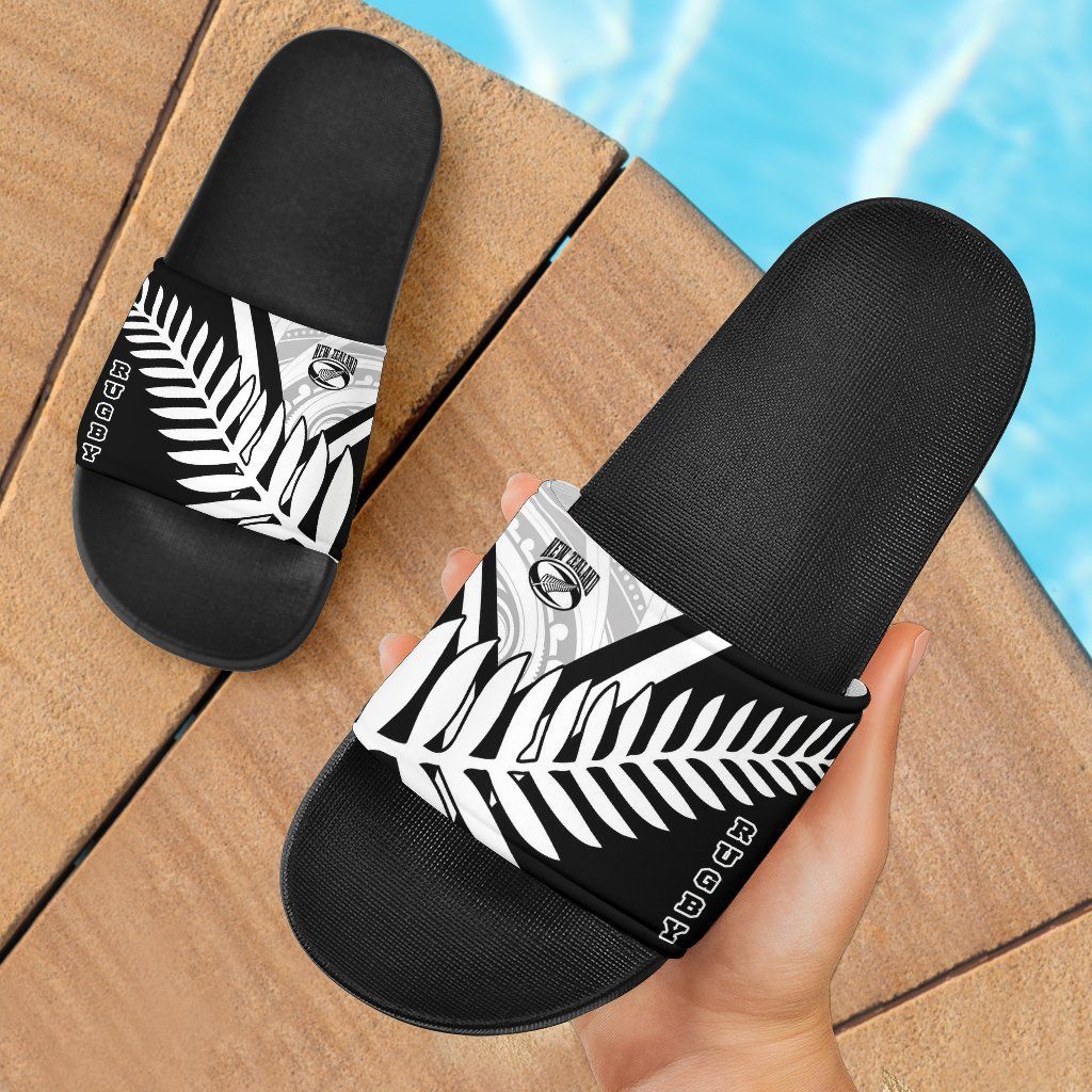 New Zealand Rugby Black Slide Sandals New Zealand Fern & Maori Patterns