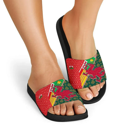 Celtic Wales Slide Sandals Cymru Dragon and Daffodils