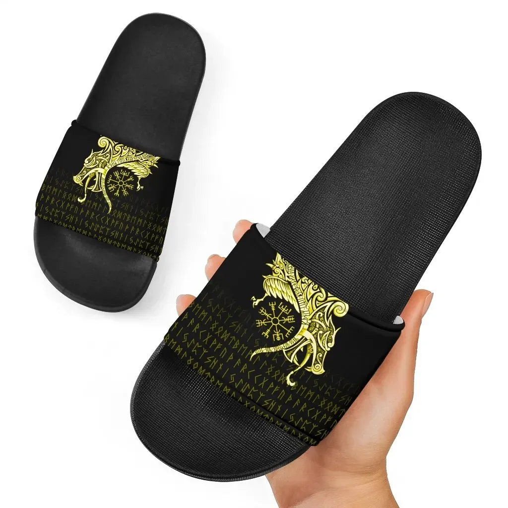 Viking Slide Sandals Raven Tattoo And Vegvisir Yellow