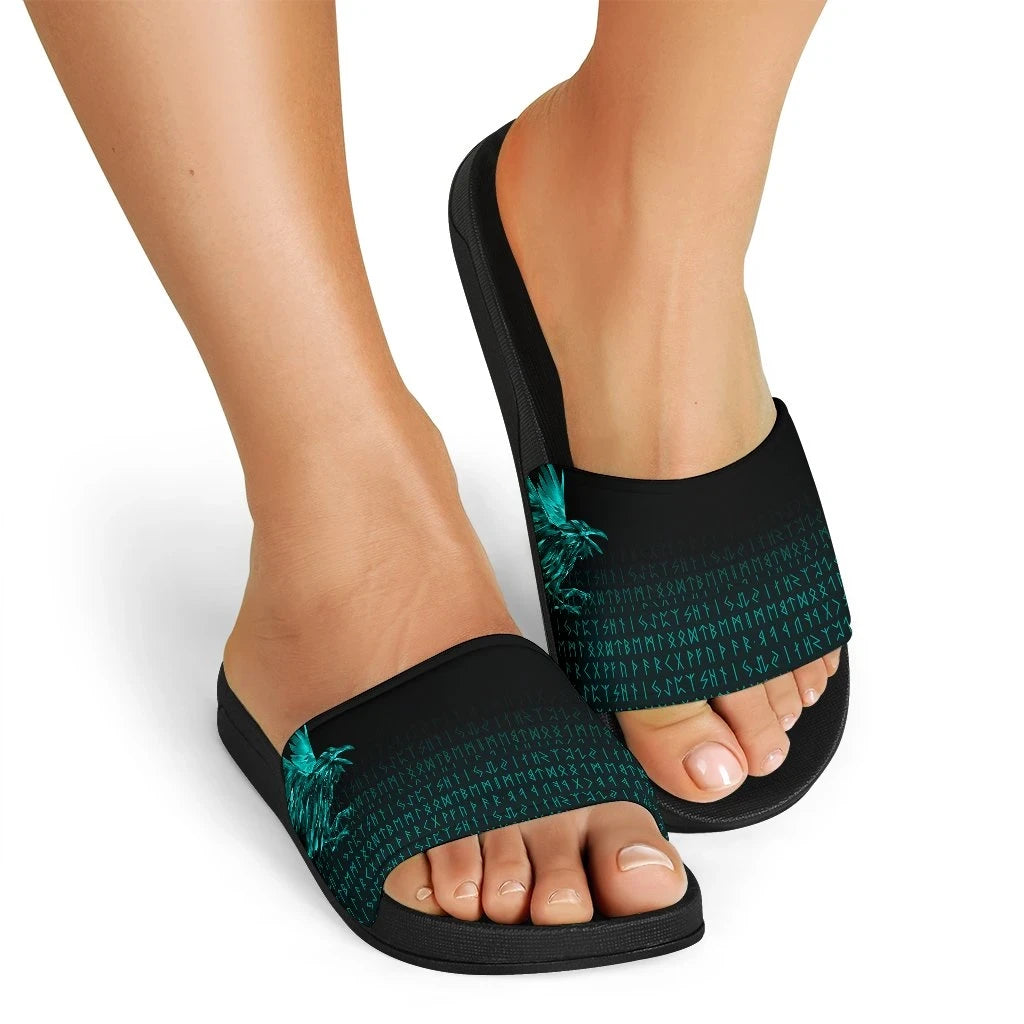 Vikings Slide Sandals Raven Tattoo Style Cyan