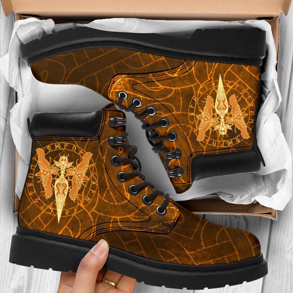 Viking All Season Boots Gold Spear Of The God Odin Gungnir And Two Gold Ravens Style