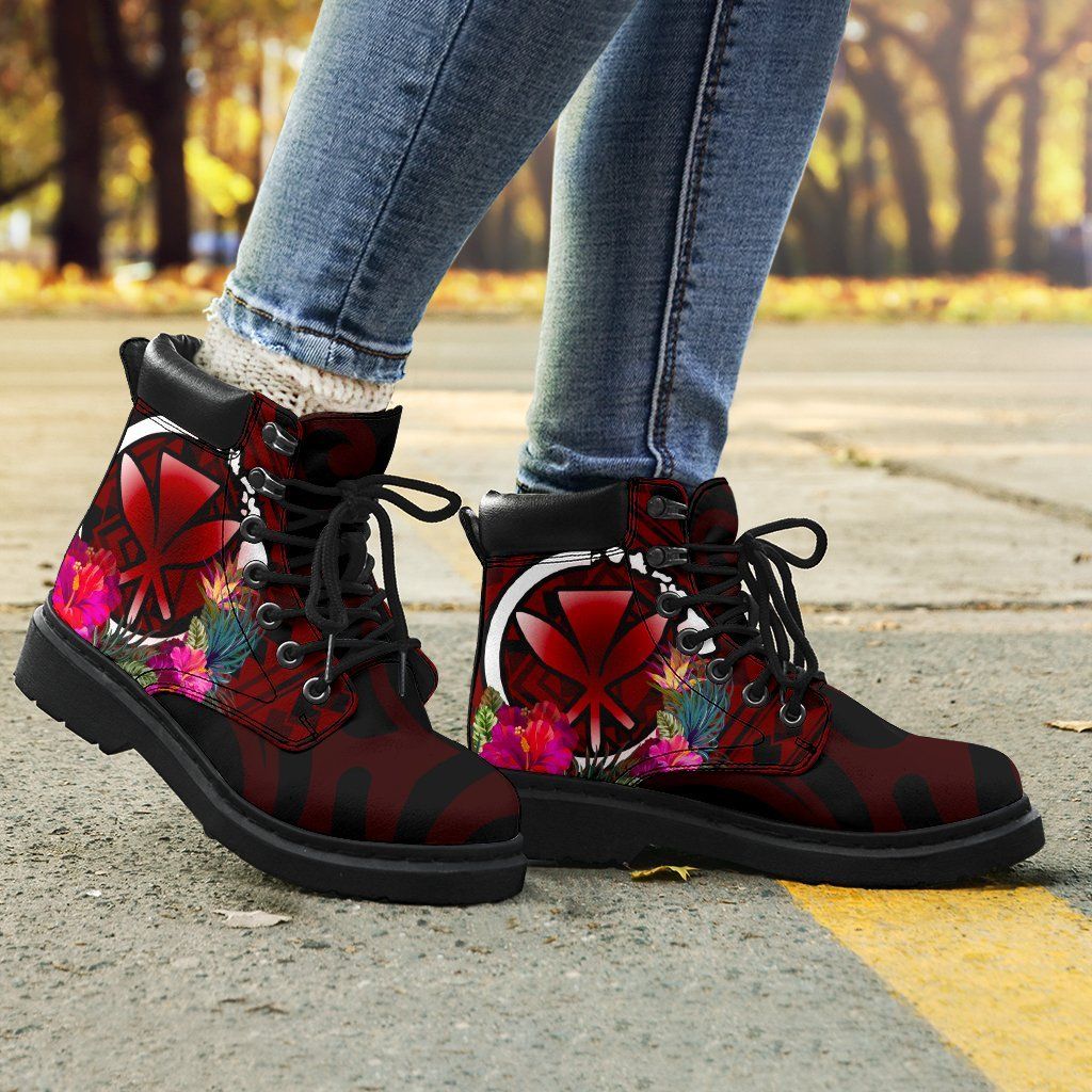 Hawaii All Season Bootts Kanaka Maoli With Hibiscus On Polynesian Patterns (RED)