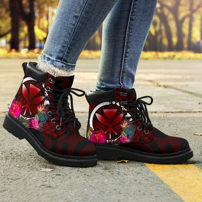Hawaii All Season Bootts Kanaka Maoli With Hibiscus On Polynesian Patterns (RED)