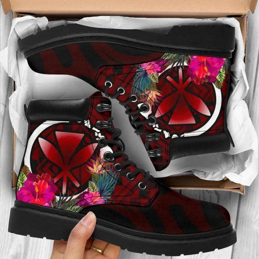 Hawaii All Season Bootts Kanaka Maoli With Hibiscus On Polynesian Patterns (RED)