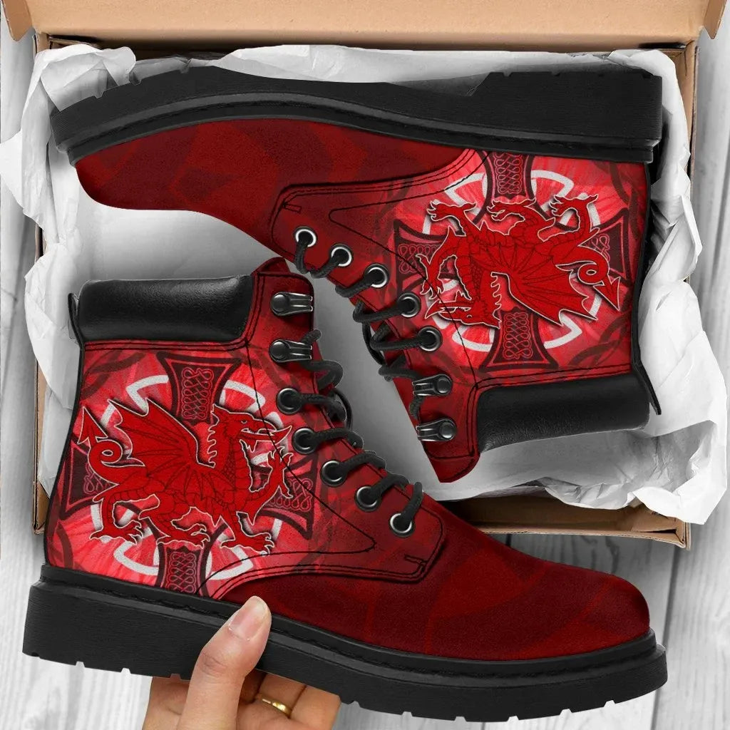 Wales Celtic All Season Boots Dragon With Celtic Cross Red