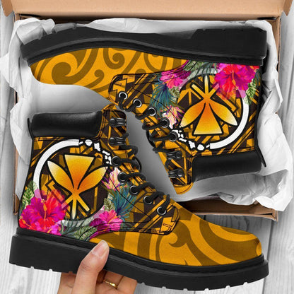 Hawai All Season Boots Kanaka Maoli With Hibiscus On Polynesian Patterns (YELLOW)