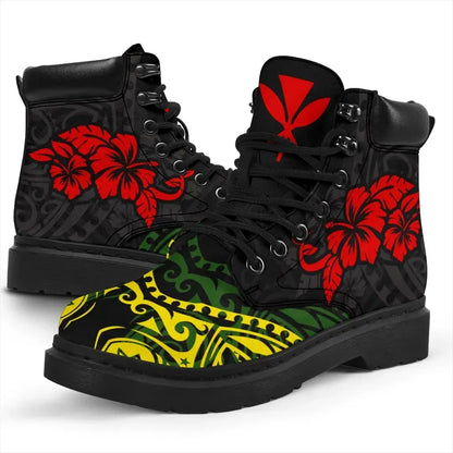 Hawaii All season Boots Polynesian Patterns With Hibiscus Flowers