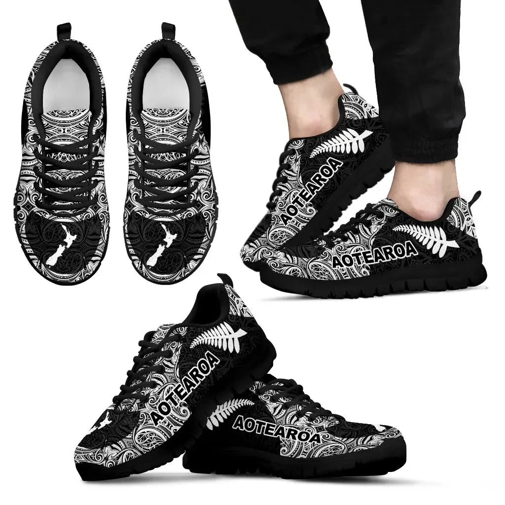 Aotearoa Sneakers Map and Silver Fern with Maori Pattern Cullinan Style T