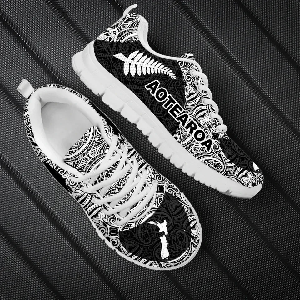 Aotearoa Sneakers Map and Silver Fern with Maori Pattern Cullinan Style T