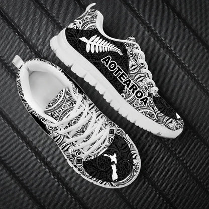 Aotearoa Sneakers Map and Silver Fern with Maori Pattern Cullinan Style T