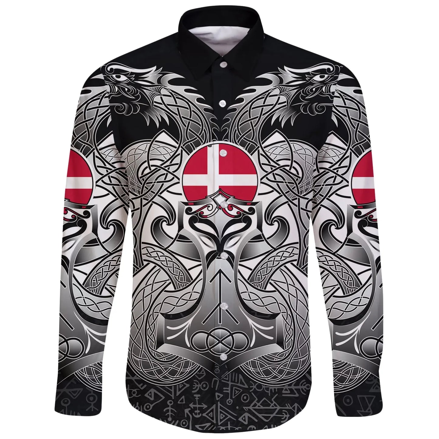Long Sleeve Button Shirt Denmark Mjolnir And Double Dragon