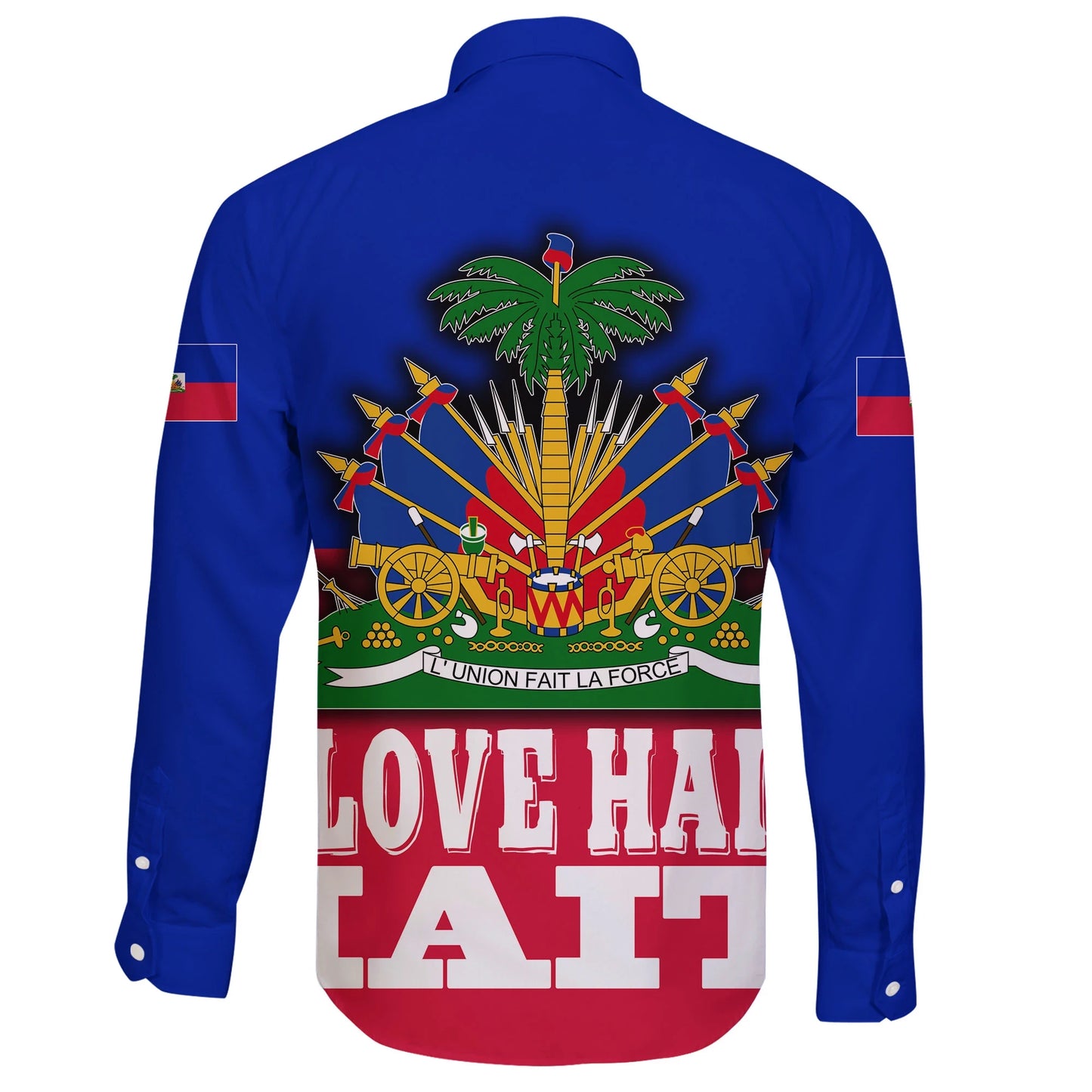 Haiti Long Sleeve Button Shirt Flag With Coat Of Arm Blue