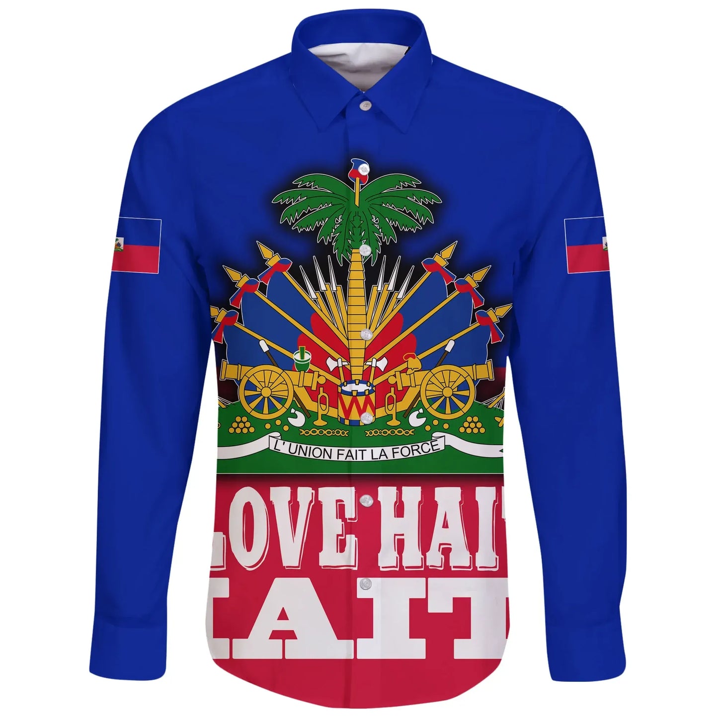 Haiti Long Sleeve Button Shirt Flag With Coat Of Arm Blue