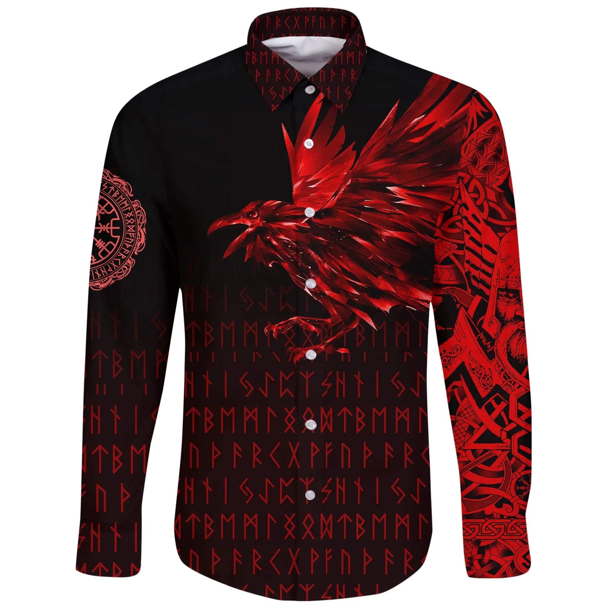 Vikings Raven Tattoo Style Red Long Sleeve Button Shirt