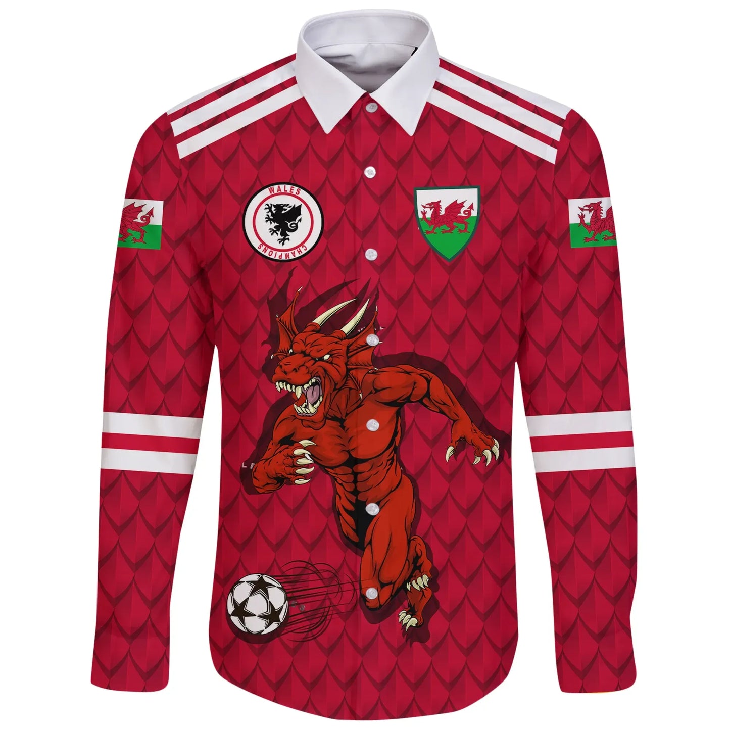 Custom Wales Dragon Long Sleeve Button Shirt Euro Soccer