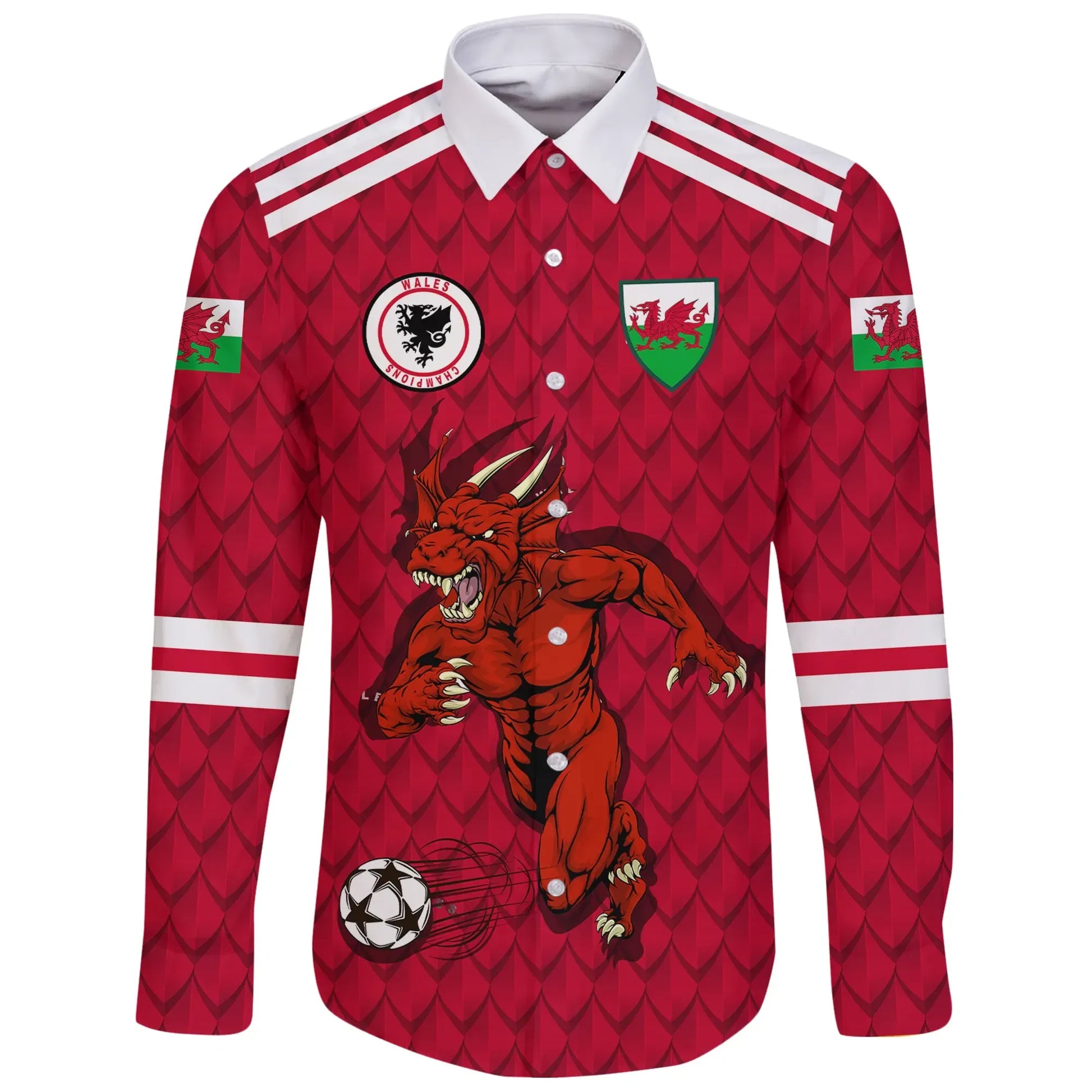 Custom Wales Dragon Long Sleeve Button Shirt Euro Soccer