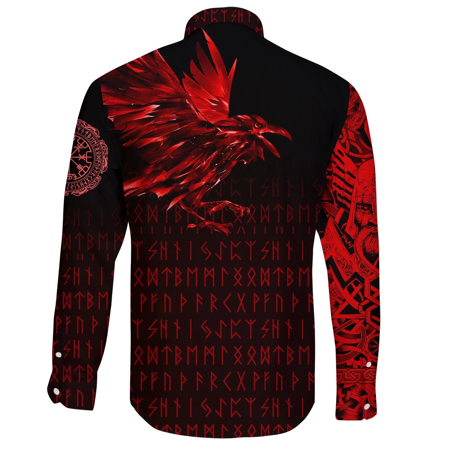 Vikings Raven Tattoo Style Red Long Sleeve Button Shirt