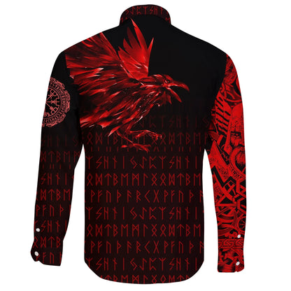 Vikings Raven Tattoo Style Red Long Sleeve Button Shirt
