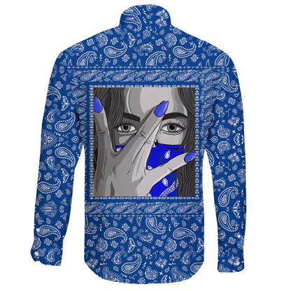 Crips Girl Long Sleeve Button Shirt Blue Bandana