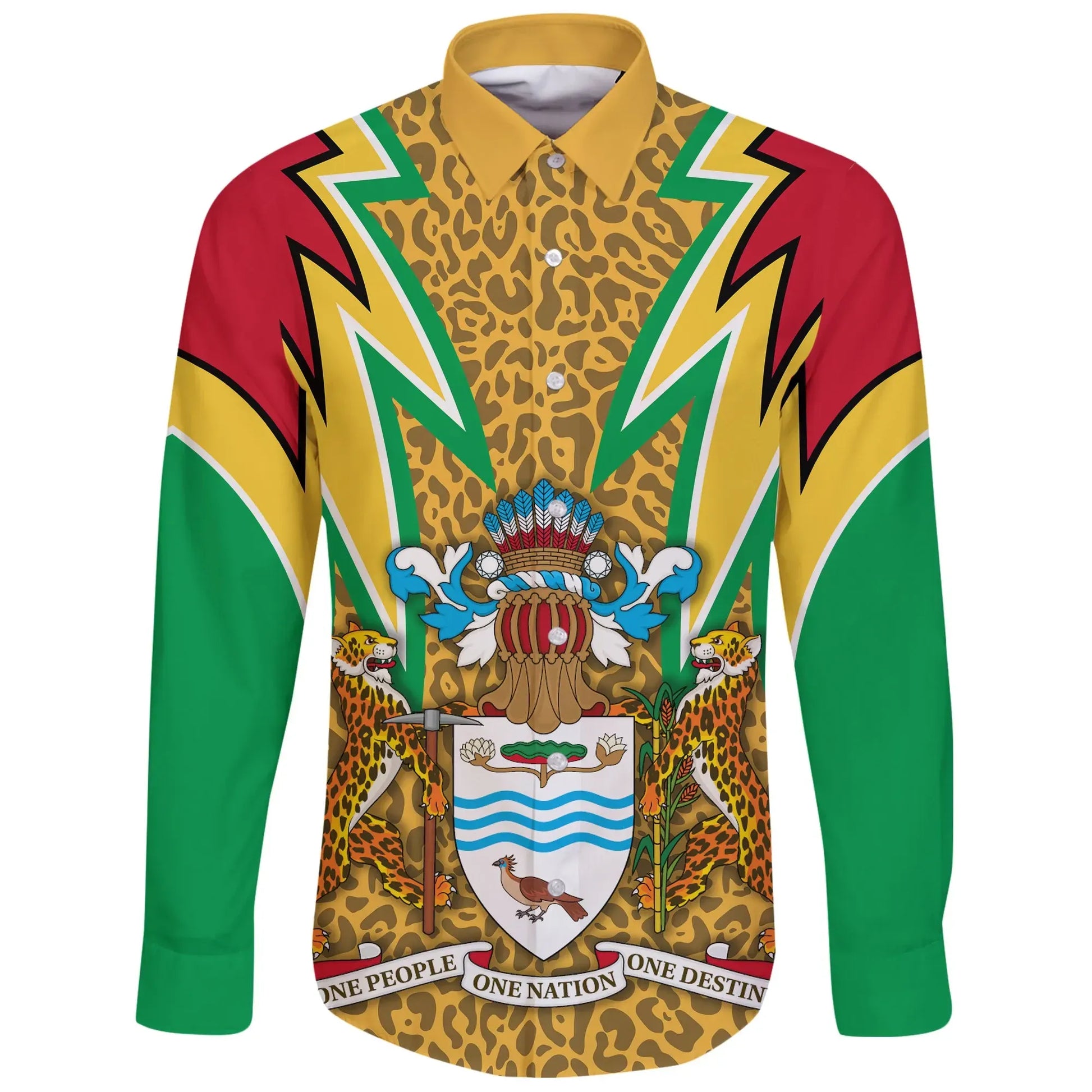 Guyana Long Sleeve Button Shirt Jaguars Coat Of Arms