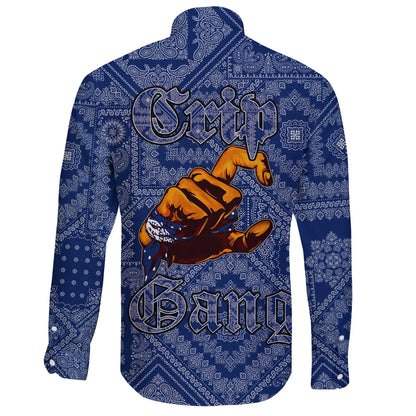 Crips Gang Bulldog Long Sleeve Button Shirt Blue Paisley