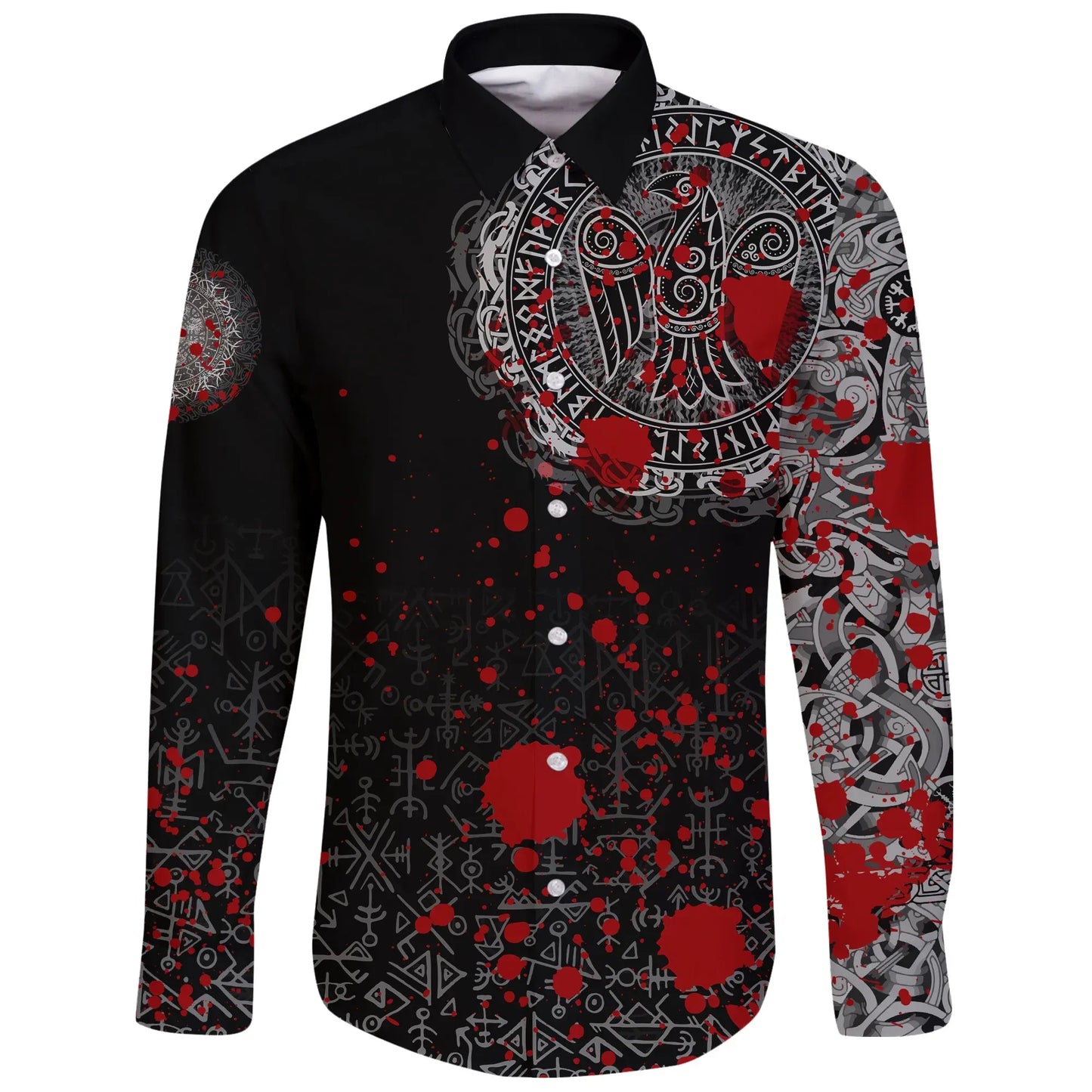 Viking Raven Celtic Tattoo Blood Long Sleeve Button Shirt
