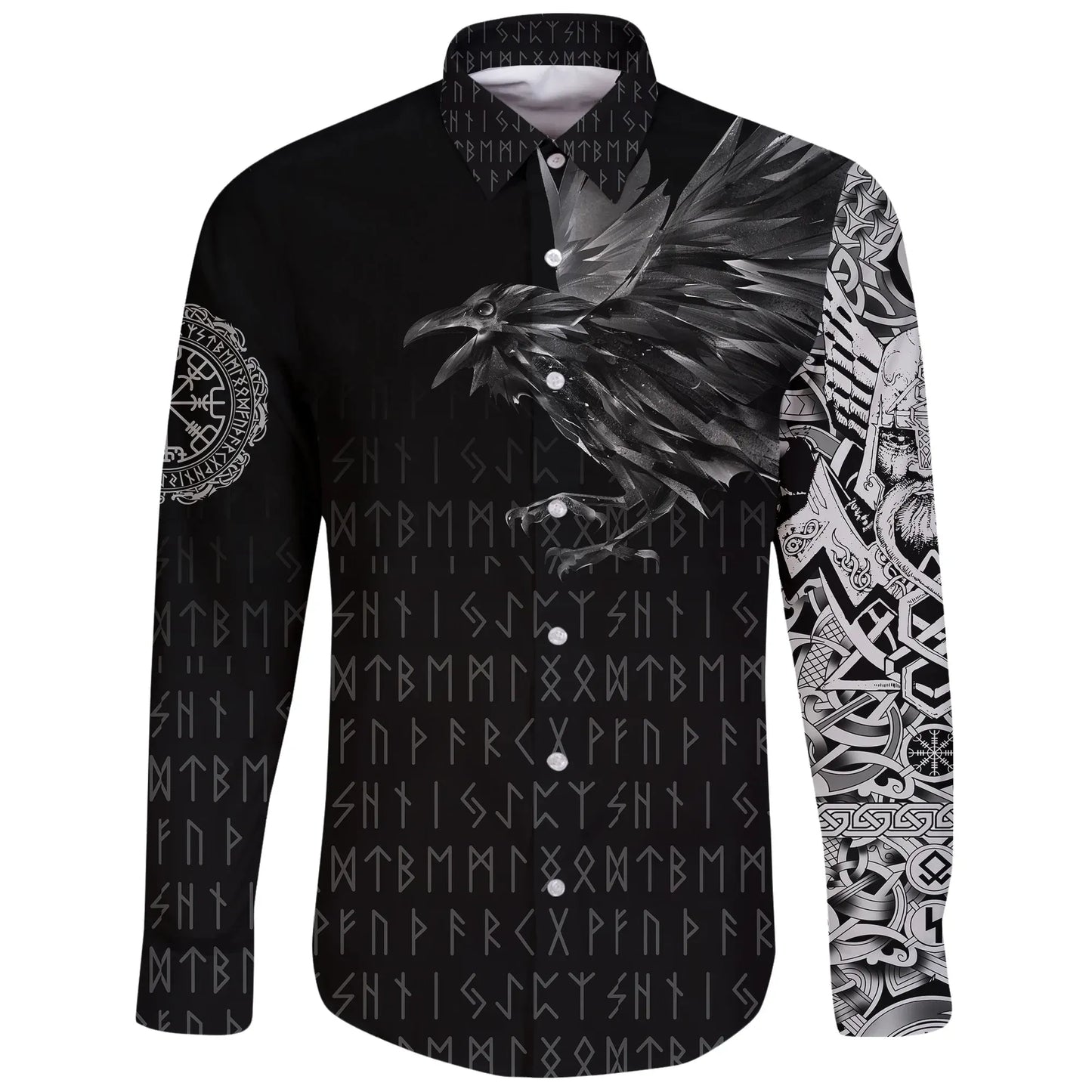 Vikings Long Sleeve Button Shirt Raven Tattoo Style