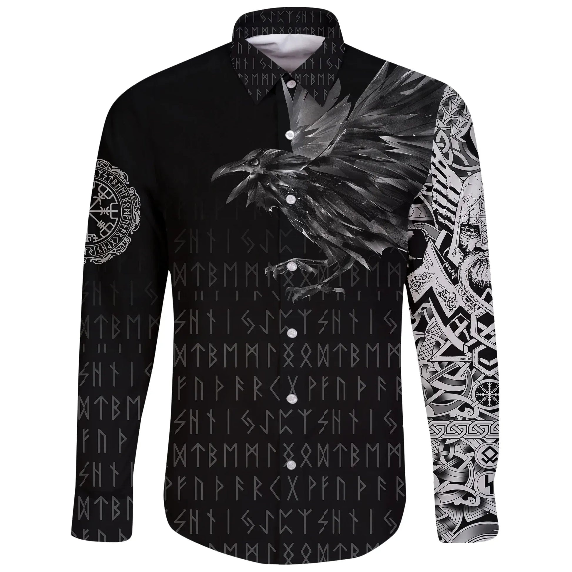 Vikings Long Sleeve Button Shirt Raven Tattoo Style