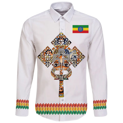 Ethiopian Long Sleeve Button Shirt Habesha Holy Cross White
