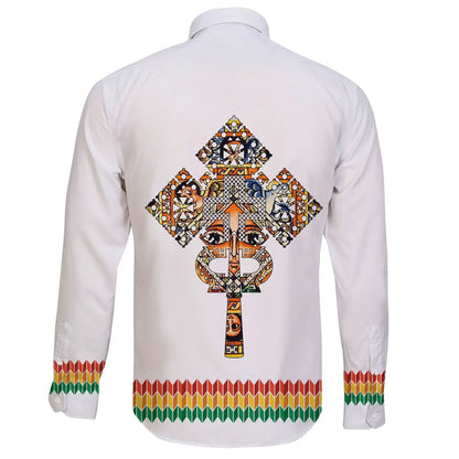 Ethiopian Long Sleeve Button Shirt Habesha Holy Cross White