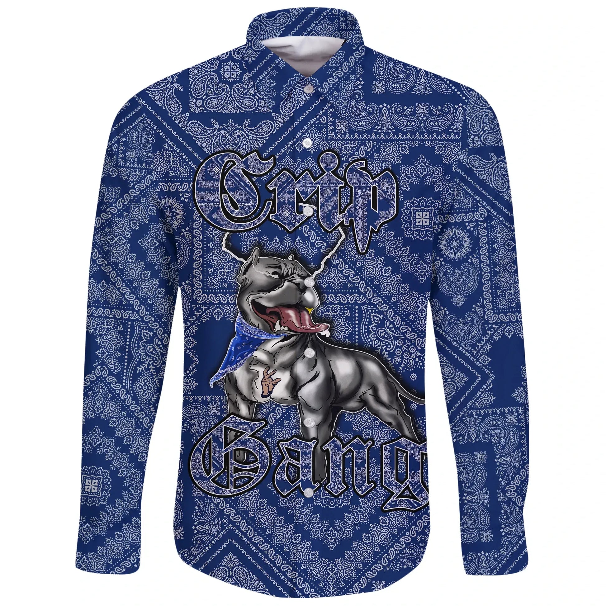 Crips Gang Bulldog Long Sleeve Button Shirt Blue Paisley