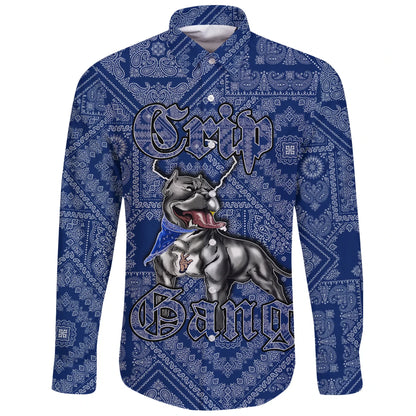 Crips Gang Bulldog Long Sleeve Button Shirt Blue Paisley