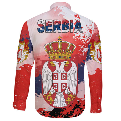 Serbia Long Sleeve Button Shirt Serbia National Flag And Emblem