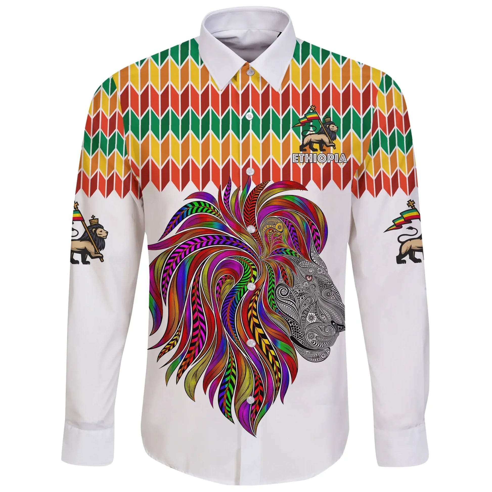 Ethiopia Long Sleeve Button Shirt, Ethiopian Color Lion Pattern