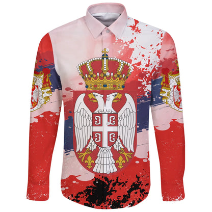 Serbia Long Sleeve Button Shirt Serbia National Flag And Emblem