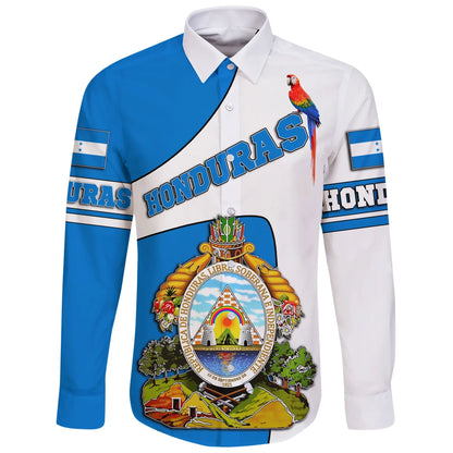Honduras Long Sleeve Button Shirt Flag And Coat Of Arms