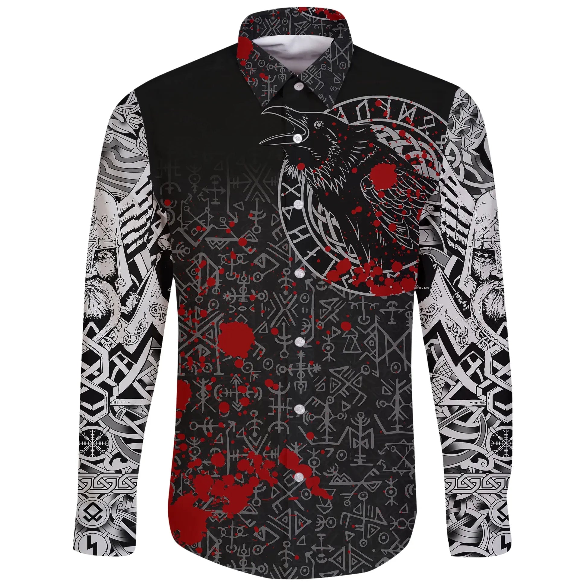 Vikings Long Sleeve Button Shirt Ravens And Vegvisir Tattoo Style Blood