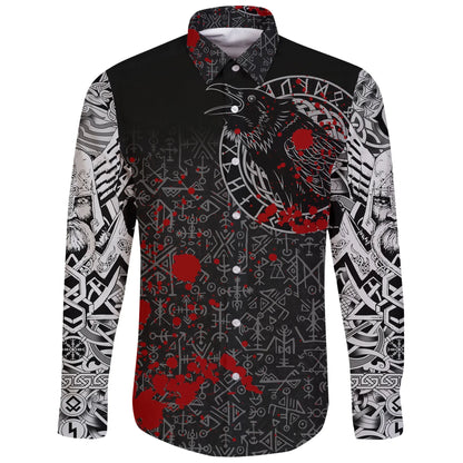 Vikings Long Sleeve Button Shirt Ravens And Vegvisir Tattoo Style Blood