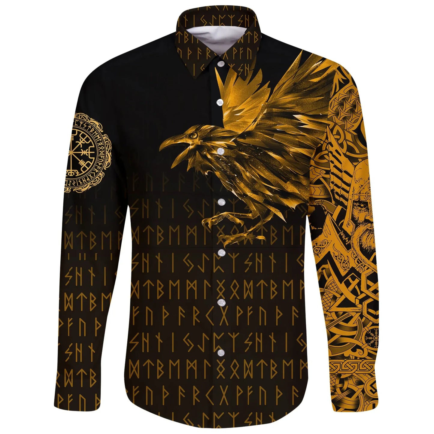 Vikings Products Long Sleeve Button Shirt Raven Tattoo Style Gold