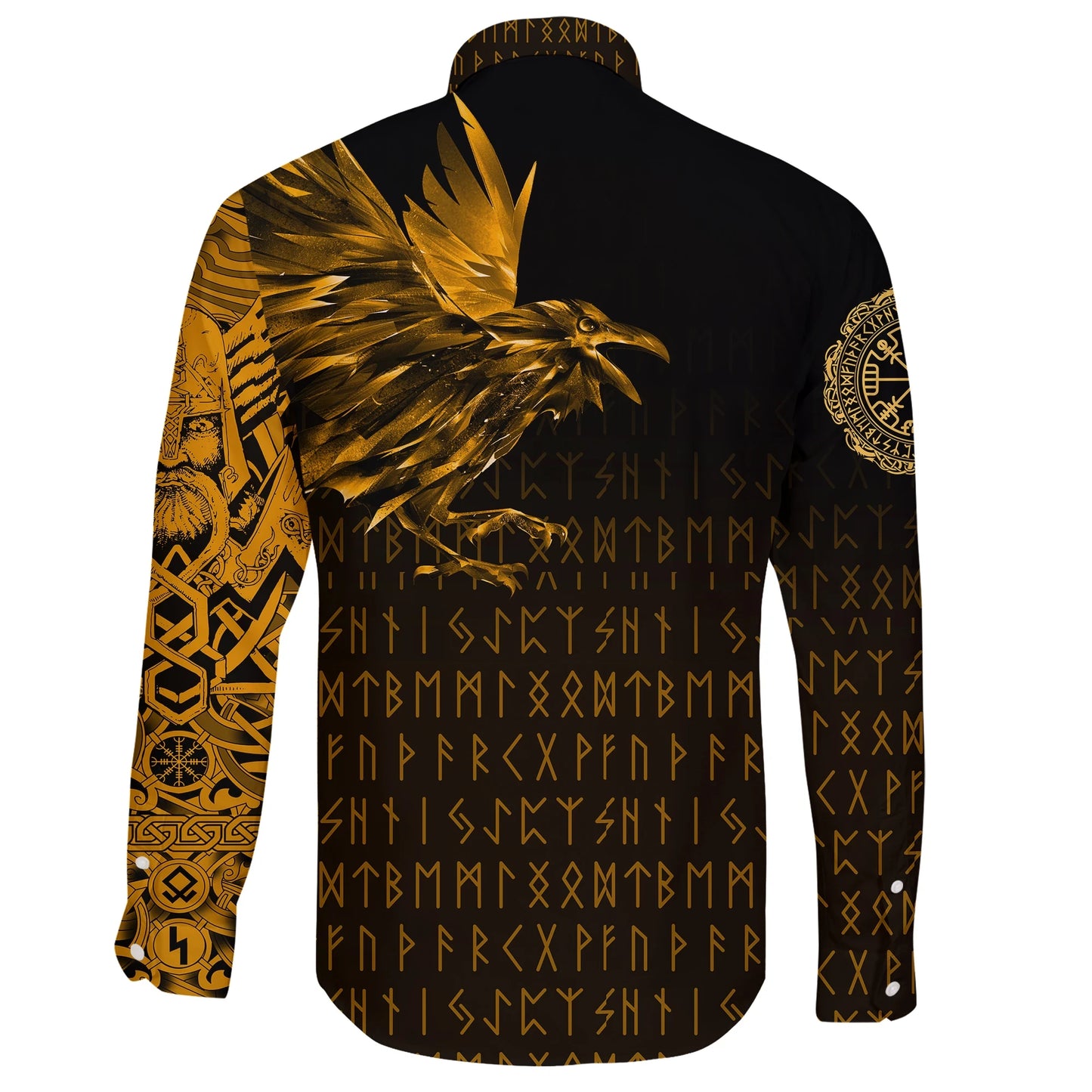 Vikings Products Long Sleeve Button Shirt Raven Tattoo Style Gold