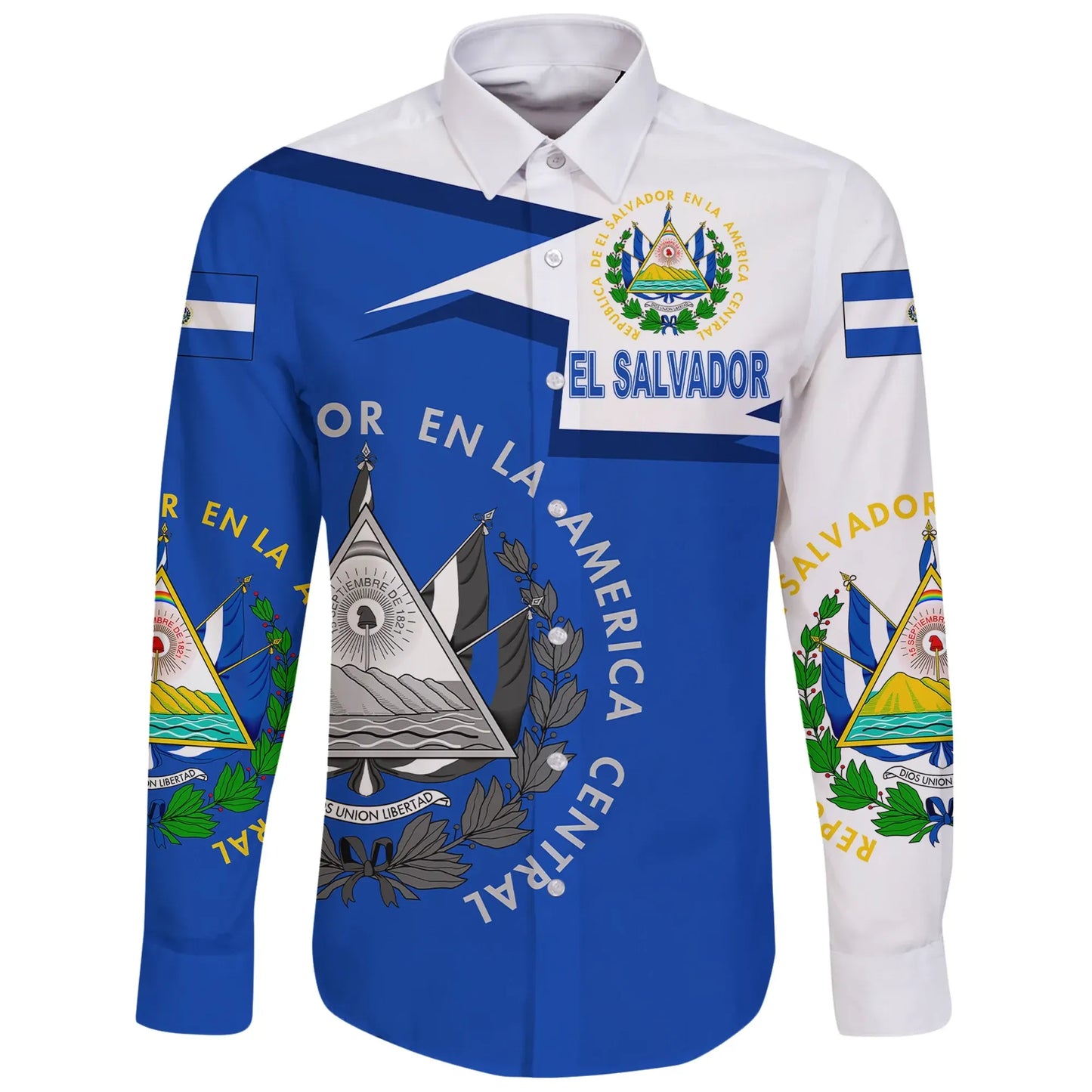 El Salvador Coat Of Arms Long Sleeve Button Shirt New Style