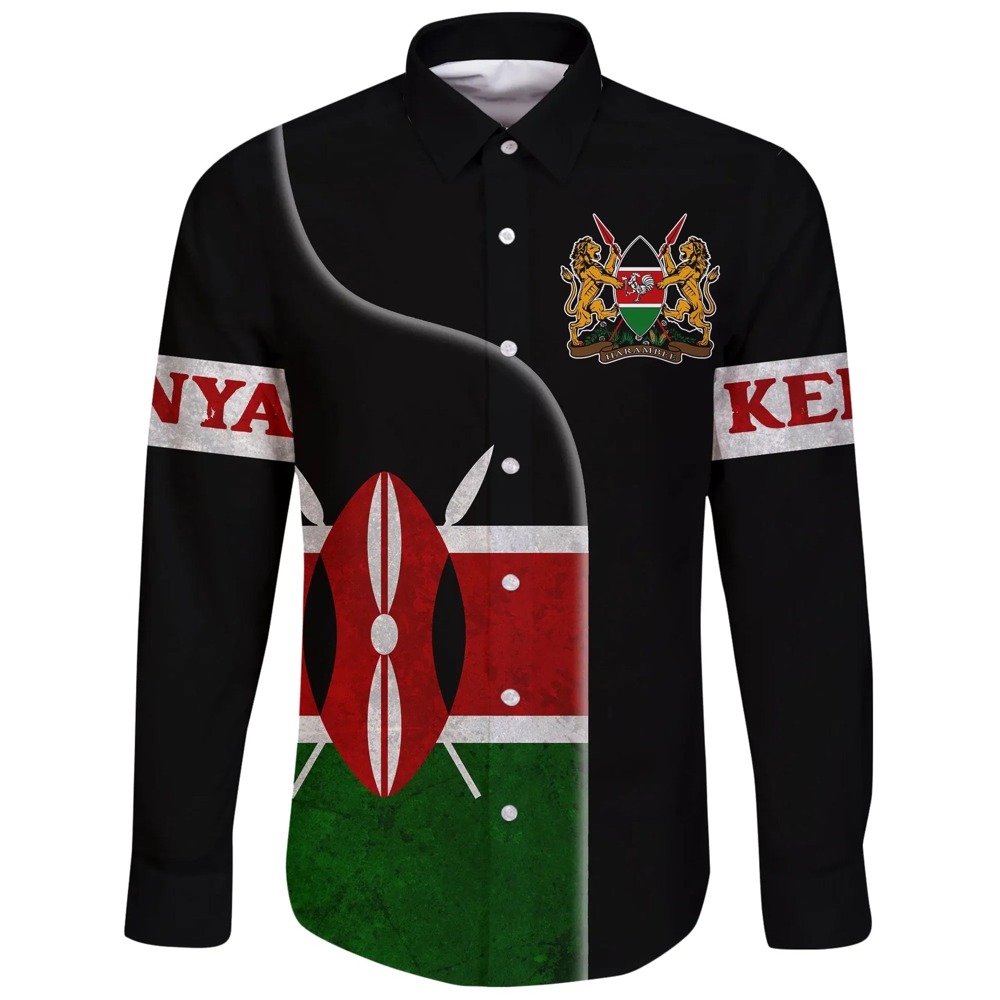 Kenya Flag Coat Of Arms Long Sleeve Button Shirt