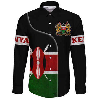 Kenya Flag Coat Of Arms Long Sleeve Button Shirt
