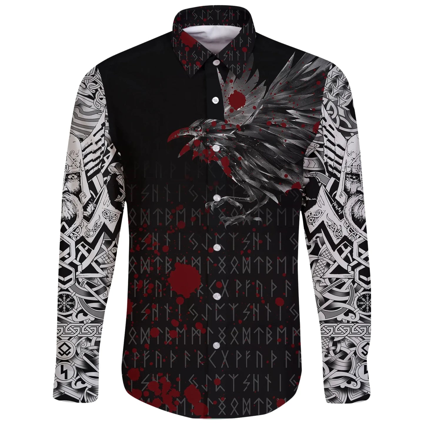 Vikings Long Sleeve Button Shirt Raven Tattoo Style Blood